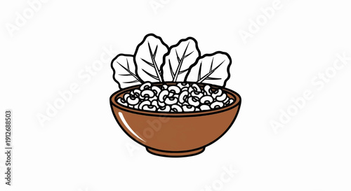 A brown bowl filled with white beans and topped with green leaves