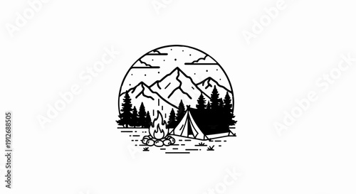 A circular scene depicts a campfire, tent, and pine trees against mountains