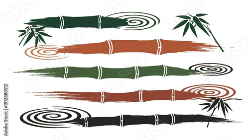 bamboo brush strokes in earthy green brown and black with abstract water ripples on a clean white background perfect for asian graphic design.
