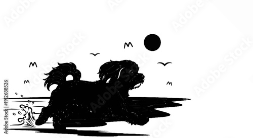 A black silhouette of a fluffy dog runs through water under a black moon