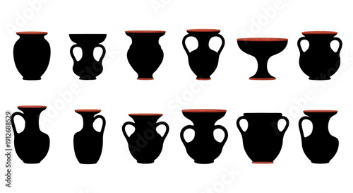 black ancient greek pottery silhouettes showcasing classical ceramic art on white perfect for educational design and cultural themes.