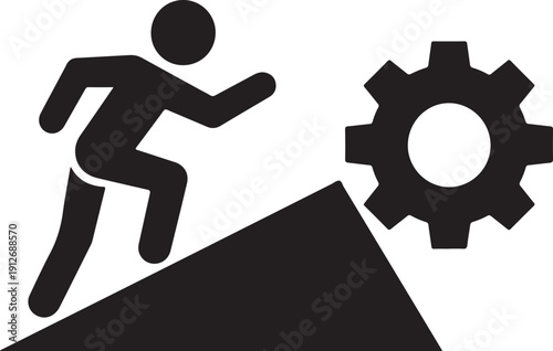 Black silhouette icon of a person running up a steep slope towards a large mechanical gear isolated on white background, illustration