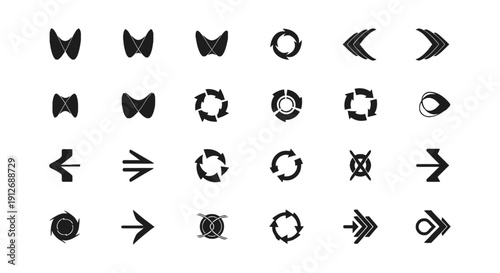 black and white vector icons thyroid shapes circular refresh arrows directional symbols ideal for ui ux and medical graphics.