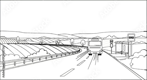 A bus stops at a rural bus stop along a road with rolling hills
