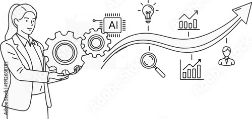 A business woman holding gears, with AI chip, lightbulb, graphs and upward arrow