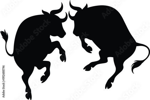 Fighting Bull Silhouette Pair in Black, Powerful Animal Vector Icons for Logo, Tattoo, Sports and Mascot Design
