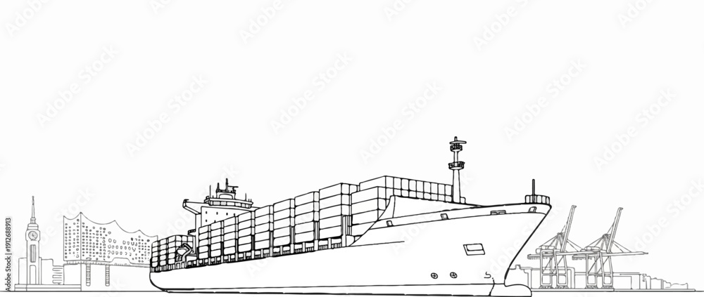Fototapeta premium A cargo ship is docked at a port with cranes and buildings in the background