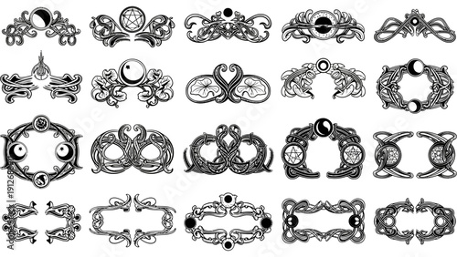 art nouveau vector frames and borders with mystical celestial symbols decorative graphic elements for spiritual and vintage design projects.