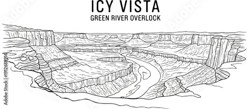 A dramatic sketch of a vast canyon with a winding river below