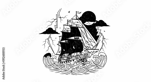 A dramatic storm engulfs a sailing ship on turbulent seas, lit by lightning