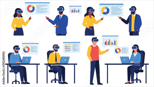 Vector illustration of professionals interacting with VR and computers. Team collaboration and data analysis in a digital workspace.