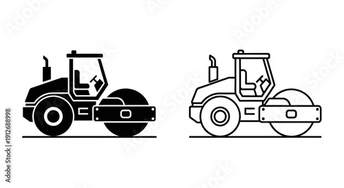 Two road construction machines in black and white line drawing style Vector