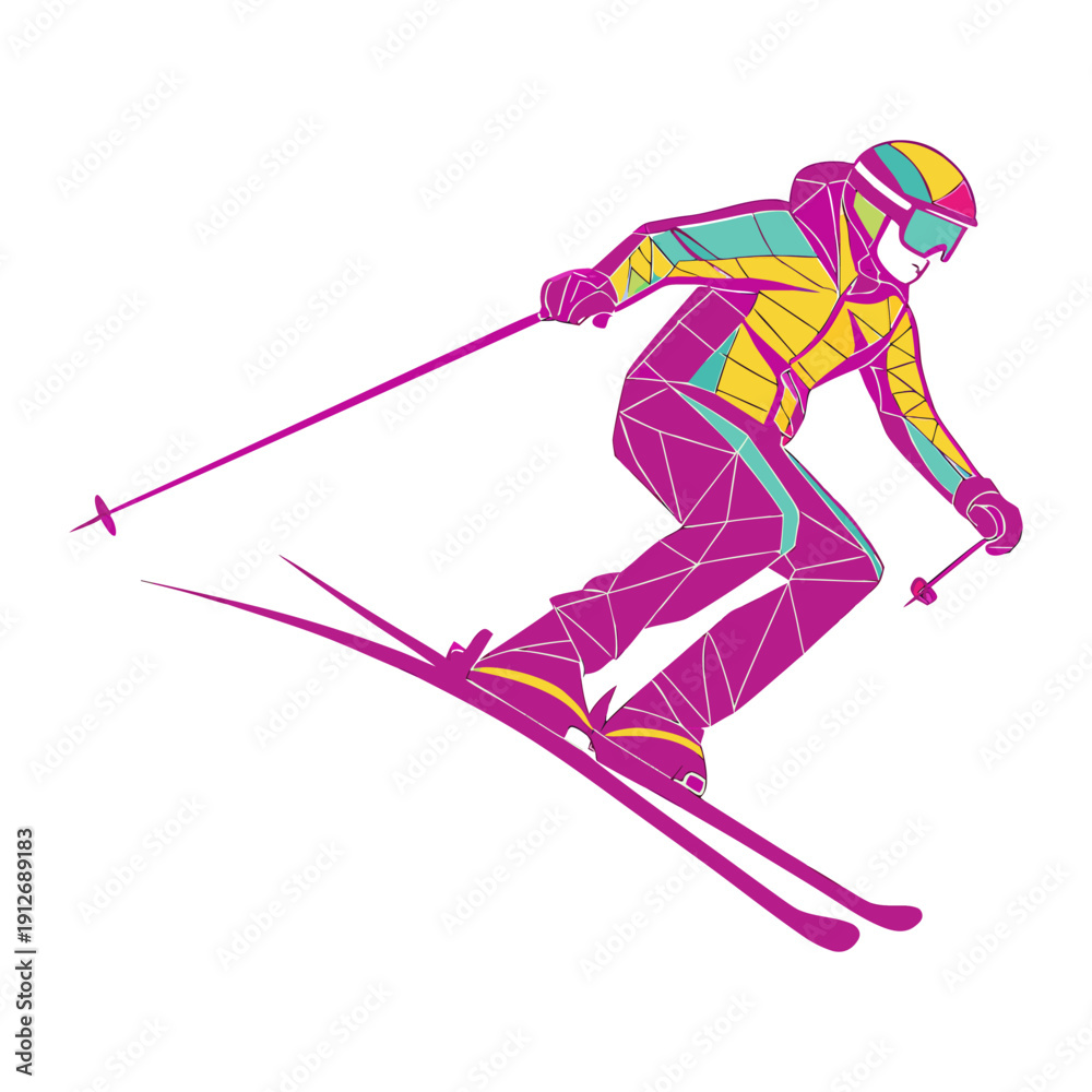 Fototapeta premium Colorful Low Poly Skier in Action – Modern Geometric Winter Sports Illustration.