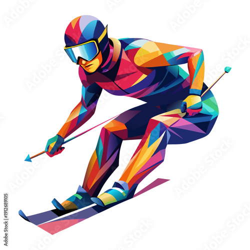 Colorful Low Poly Skier in Action – Modern Geometric Winter Sports Illustration.