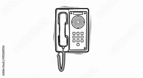 A black and white sketch of a wall-mounted telephone with a keypad and receiver