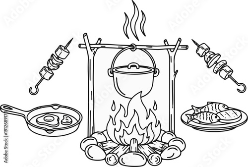 A campfire with cooking utensils, food, and skewers