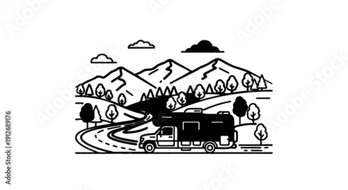 A camper van travels on a winding road through a scenic mountain landscape