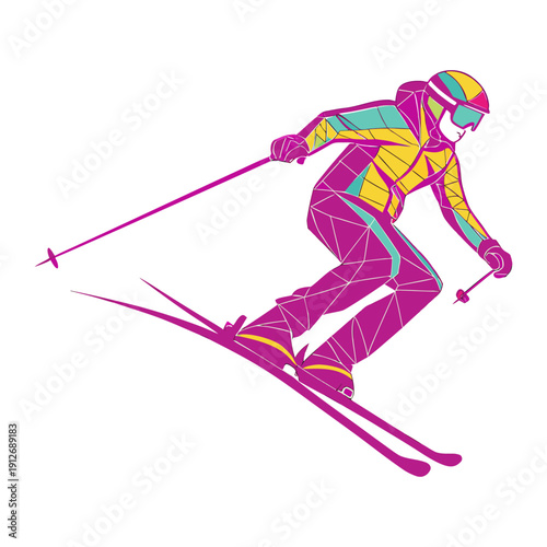 Colorful Low Poly Skier in Action – Modern Geometric Winter Sports Illustration.