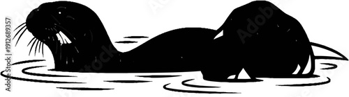 A black silhouette of a seal or sea lion swimming in water