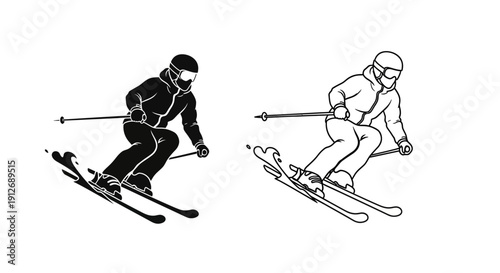 Skiing, skier, ski, snow, sports, winter, outdoor, activity, athlete, downhill, slalom, equipment, action, mountain, fun, adventure Vector