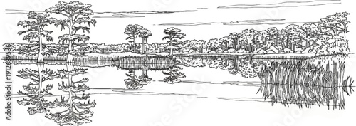 A black and white sketch of a serene lake with trees and reeds reflected in the water