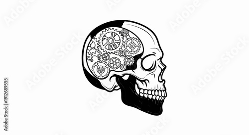 A detailed black and white illustration of a human skull with intricate gears inside its cranium