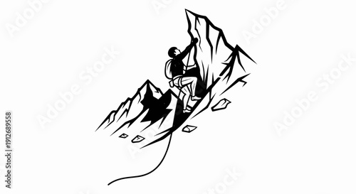 A climber scales a jagged mountain peak, reaching for the summit