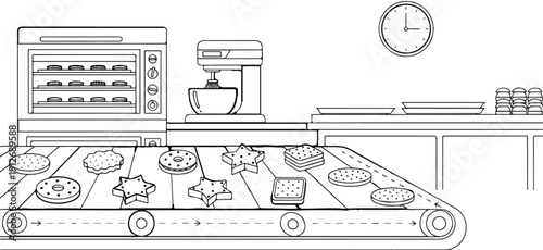 A factory conveyor belt carries cookies past an oven and mixer