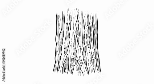 A detailed black and white illustration of a tree trunk's rough textured bark
