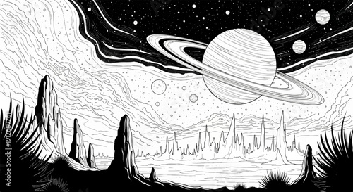 A fantastical alien landscape with spiky rock formations and a ringed planet above