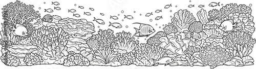 A detailed black and white illustration of a vibrant coral reef with diverse marine life