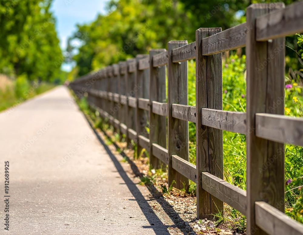 Obraz premium Wooden Fence Along a Path - A Sunny Day Perspective.