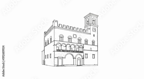 A detailed line drawing of a historic building with a bell tower and arched balconies