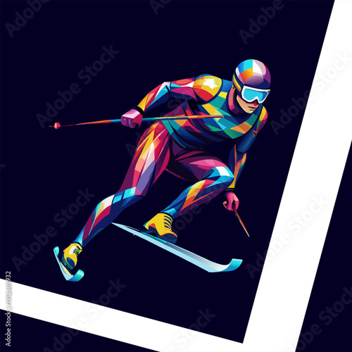 Colorful Low Poly Skier in Action – Modern Geometric Winter Sports Illustration.
