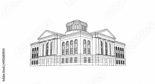 A detailed black and white sketch of a grand neoclassical building with a dome