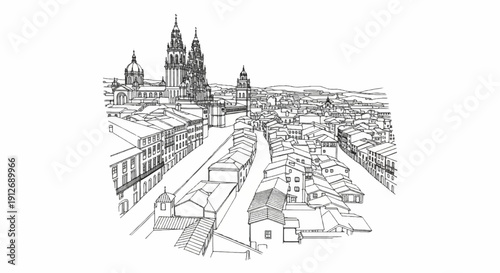 A detailed line drawing of a historic city skyline with a cathedral
