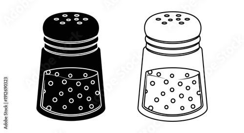 Salt and pepper shakers, two glass containers with black and white lids, black and white Vector