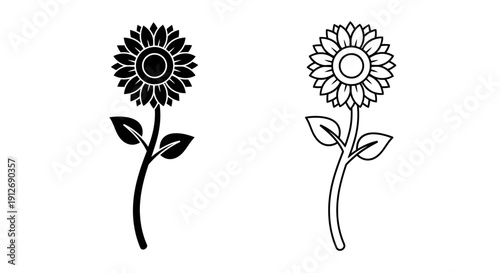 Two black and white line art sunflowers with leaves on a white background Vector