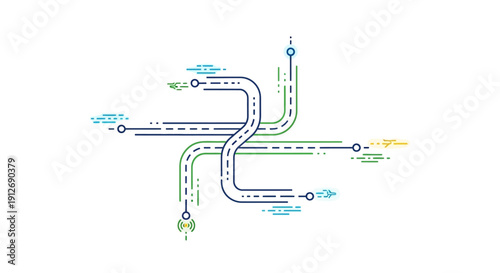 This illustration represents a digital roadmap with multiple directional paths, symbolizing strategy planning, decision making, and business growth direction. It visually communicates progress, naviga