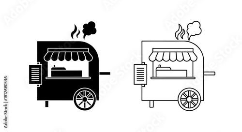 Food trucks with smoke and clouds icon set - vector illustration of mobile kitchen Vector