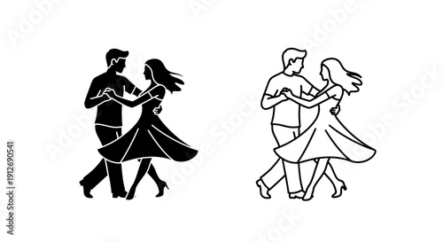 Couple dancing silhouette vector illustration, romantic ballroom dance art, love icon design Vector