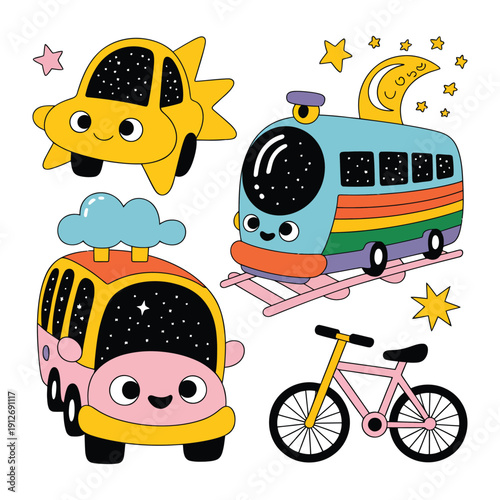 Whimsical Transport World: Playful illustrations of a car, train, bus and bicycle, with starry night theme, embarking on journeys that ignite the imagination