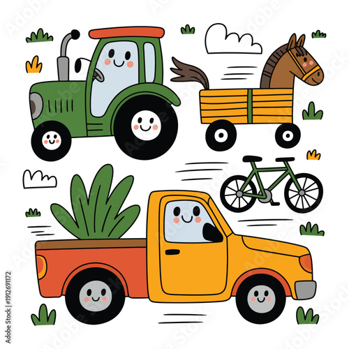 Friendly Farmyard Vehicles: An eye-catching illustration showcases a charming tractor, truck, and horse-drawn cart alongside a bicycle, creating a whimsical farm scene. 