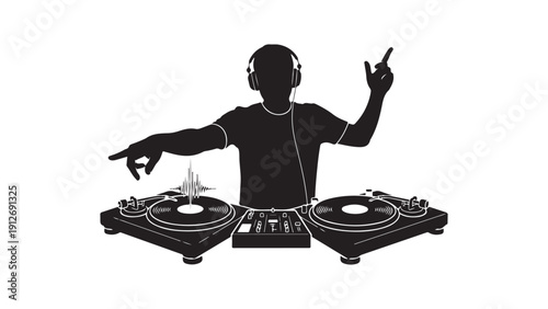Silhouette of dj with headphones and turntables