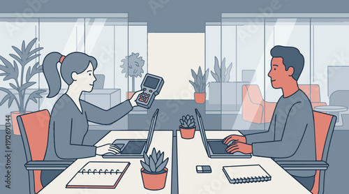 Startup Co-Founder Presenting Product Prototype in Modern Open Office – Flat 2D Corporate Vector Illustration