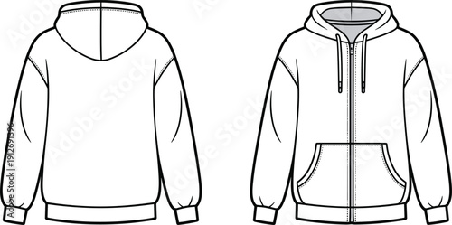Hoodie sweatshirt outline template, front and back view clothing mockup vector, zip jacket apparel line art design
