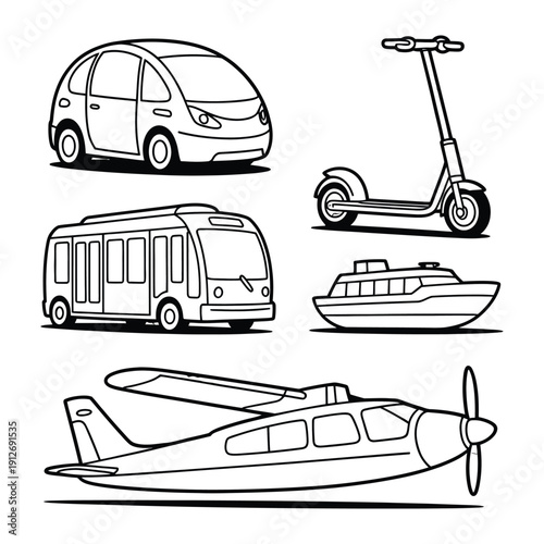 Eco-Friendly Transportation: An illustration of various modes of transportation designed to promote eco-friendly practices, including a modern car, scooter, bus, boat, and airplane.