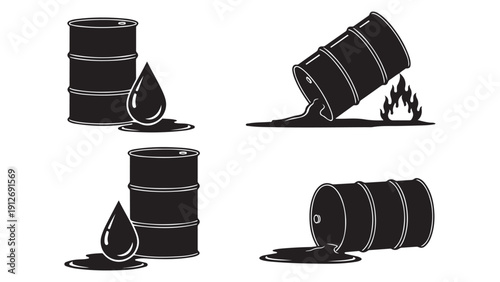 Four oil barrels with leak and fire symbols