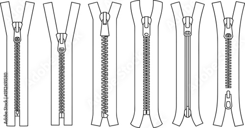 Minimal zipper outline collection, clothing fastener line art vector set, sewing garment accessory icons pack for fashion designers worldwide use