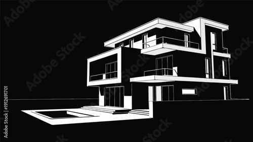 Minimalist modern house vector illustration with balcony and driveway